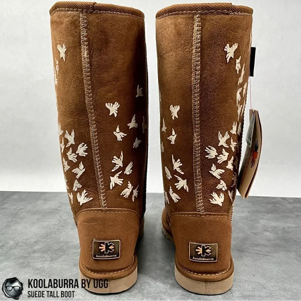 UGG KOOLABURRA PEACE TALL BOOTS CHESTNUT SUEDE SHEEPSKIN FLYING BIRDS DOVE FLOCK
